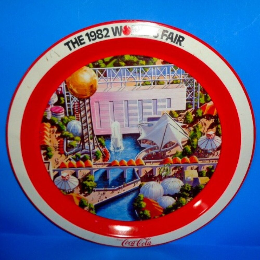 1982 Coca-Cola World's Fair Metal Serving Tray 12" Across